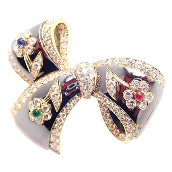 Van Cleef & Arpels Jewelry - Rare Van Cleef & Arpels 18k Gold Diamond Ruby Emerald Sapphire Flower Pin Brooch
